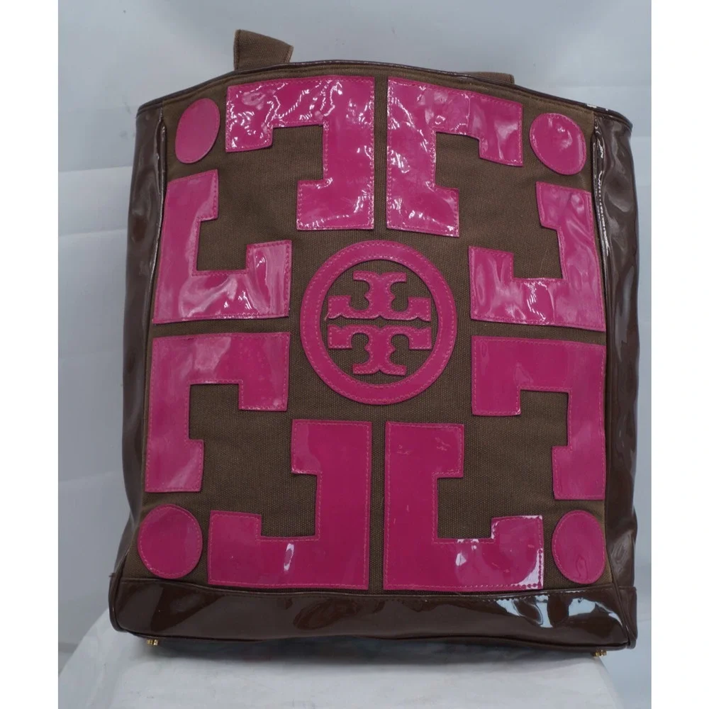 TORY BURCH TALL CANVAS & PATENT PINK & BROWN TOTE - Picture 4 of 9